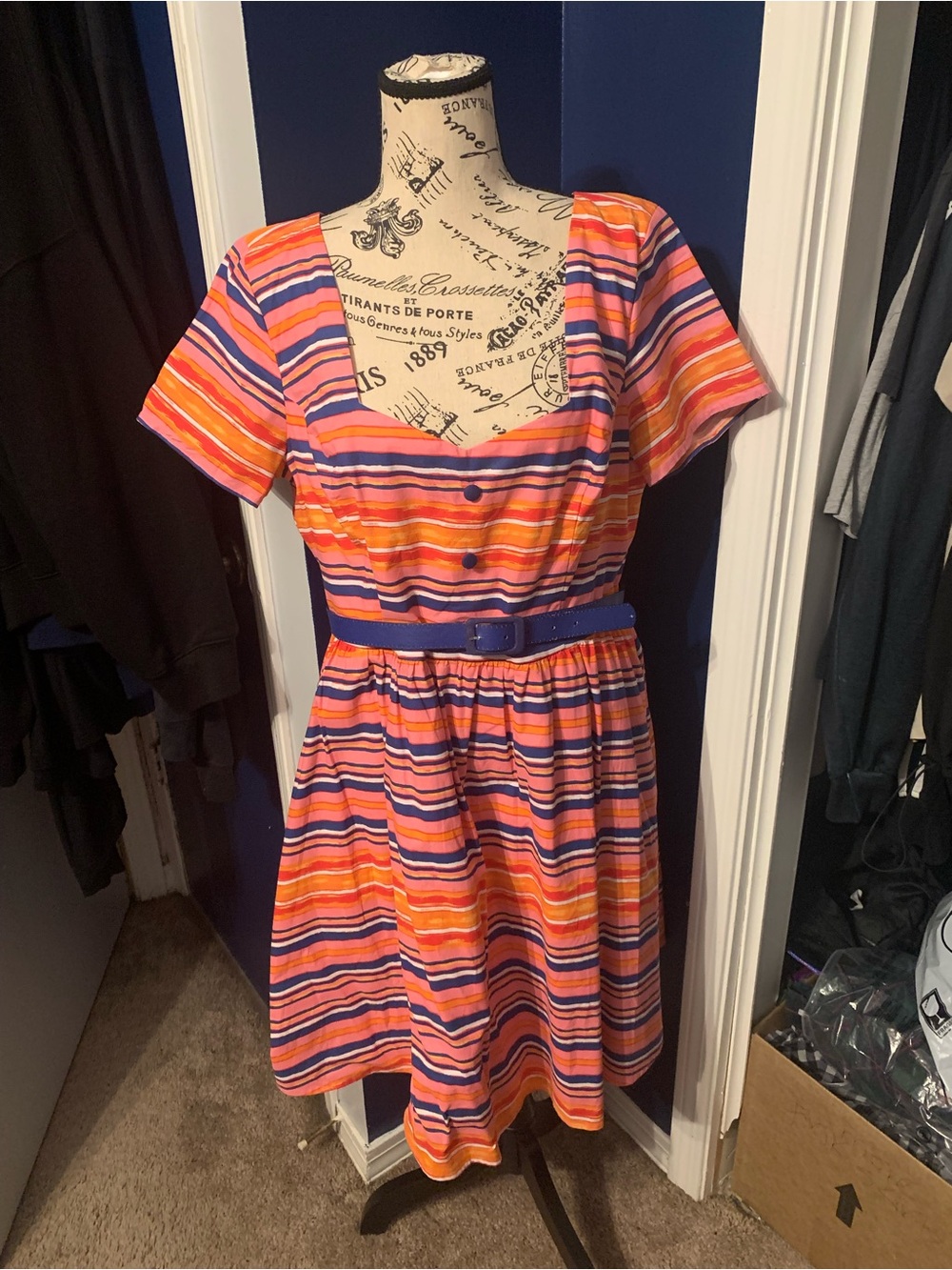 Modcloth Pink, Orange & Blue Striped Fit-and-Flare Dress
